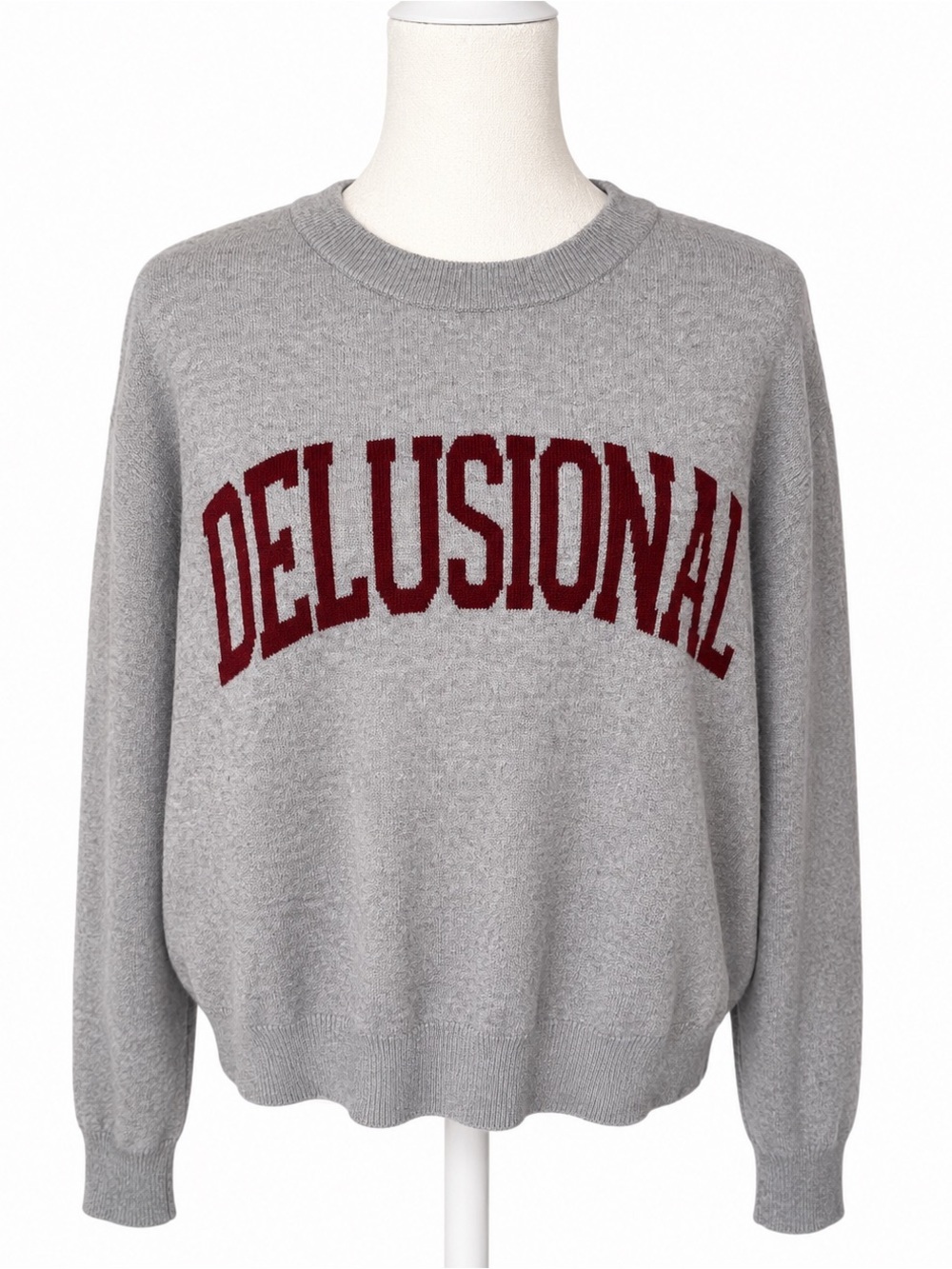 Gray Crewneck Sweater with Burgundy 'DELUSIONAL' Arching Lettering
